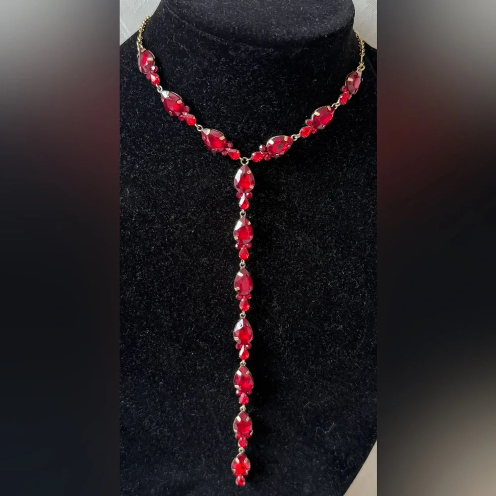 New Sherri Hill Ruby Red Necklace Y Tie Rhinestone Long Prom Event Dance